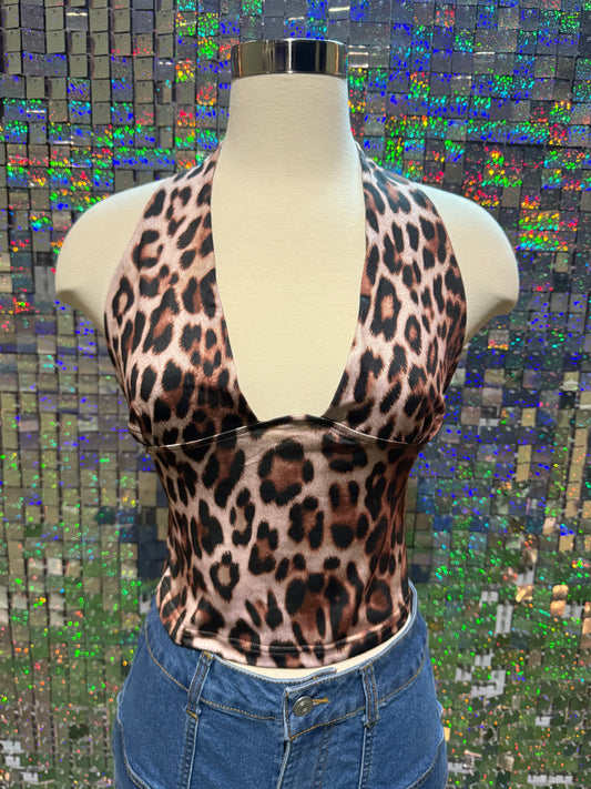 Leopard Print Halter Top - Brown