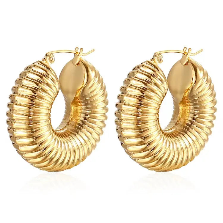 Chunky Threaded Golden Hoops - Gold